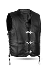 Men’s Black Leather Biker Vest with Side Lace & Metal Hook Closure