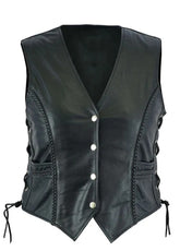 Women’s Black Leather Biker Vest – Vintage Braided Side Lace Waistcoat | The Western Jacket