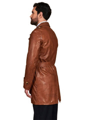Men's Brown Genuine Leather Double-Breasted Trench Coat / Belted Mid-Length Jacket