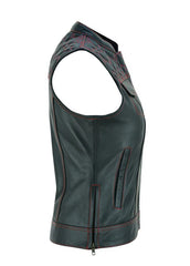 Women’s Black Leather Vest with Red Heart Stitching | Stylish Western Sleeveless Jacket