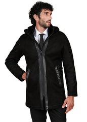 Men’s Black Suede Leather Long Coat with Hood – Classic Winter Overcoat by The Western Jacket