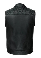Men’s Black Leather Biker Vest with Hexagon Quilted Shoulder Design