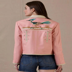 Women's Pink Western Embroidered Leather Jacket with Roadrunner Design
