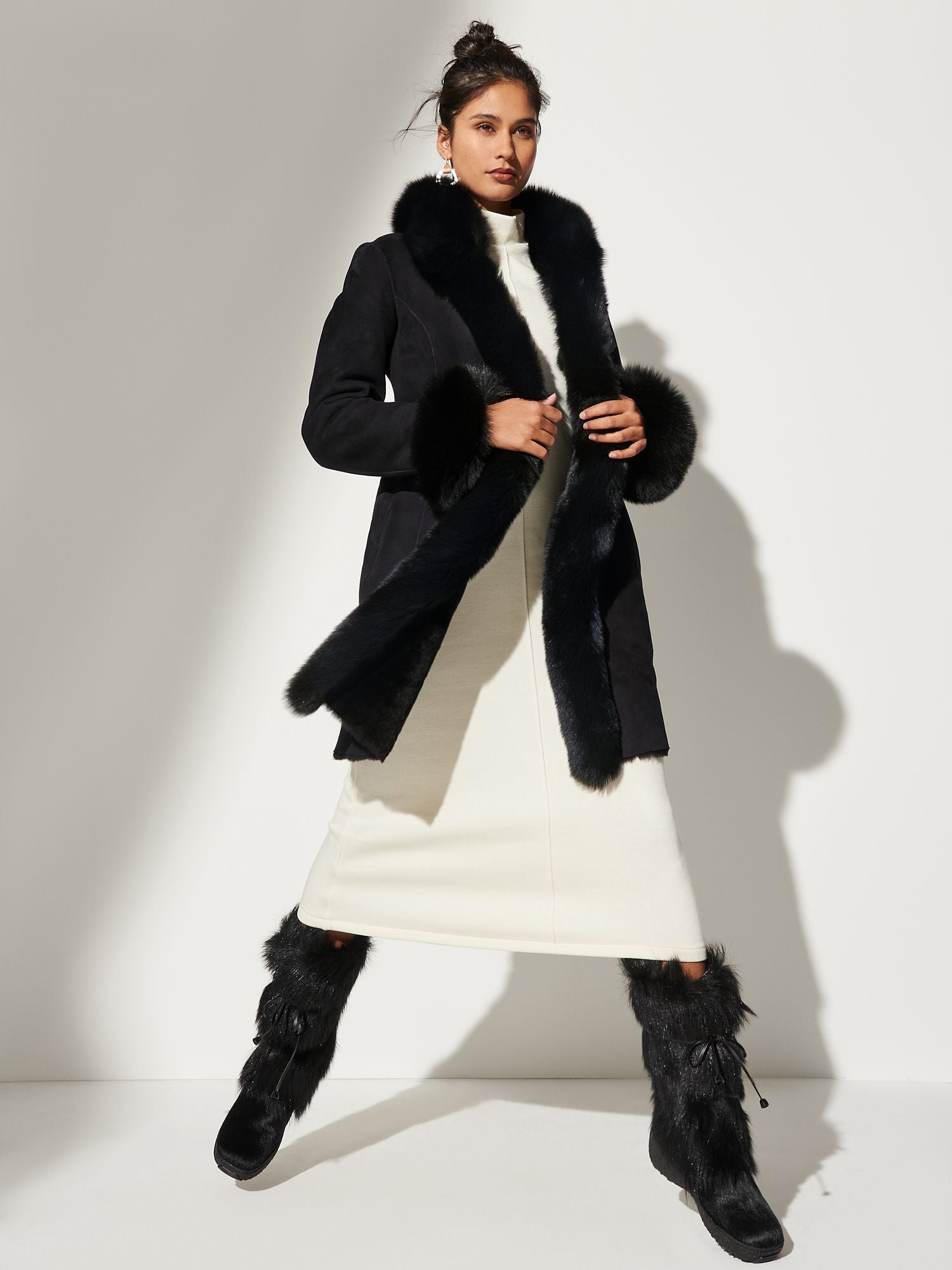 Women's Luxury Reversible Black Shearling Long Coat with Fur Trim | Premium Sheepskin Winter Coat
