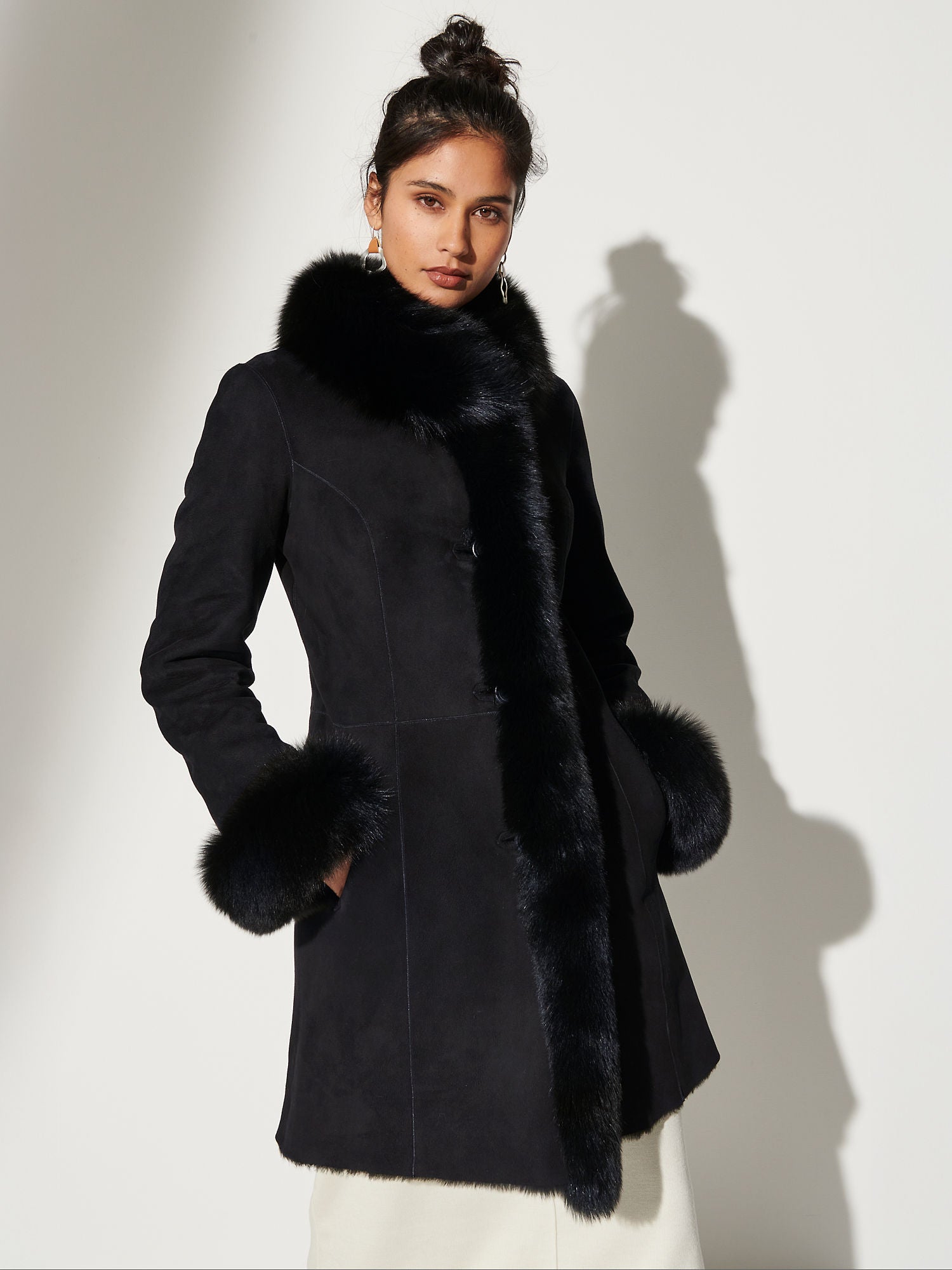 Women's Luxury Reversible Black Shearling Long Coat with Fur Trim | Premium Sheepskin Winter Coat