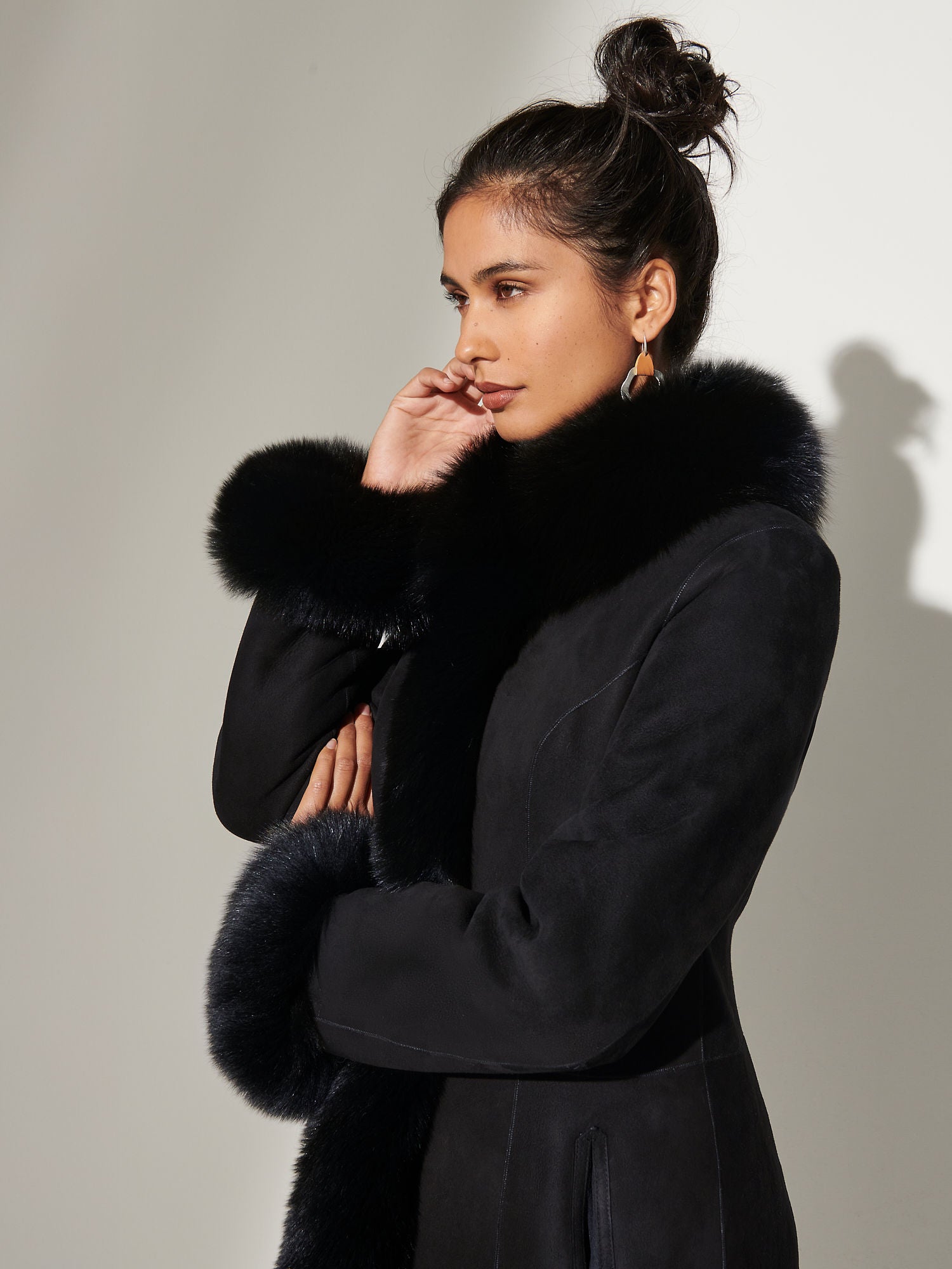 Women's Luxury Reversible Black Shearling Long Coat with Fur Trim | Premium Sheepskin Winter Coat