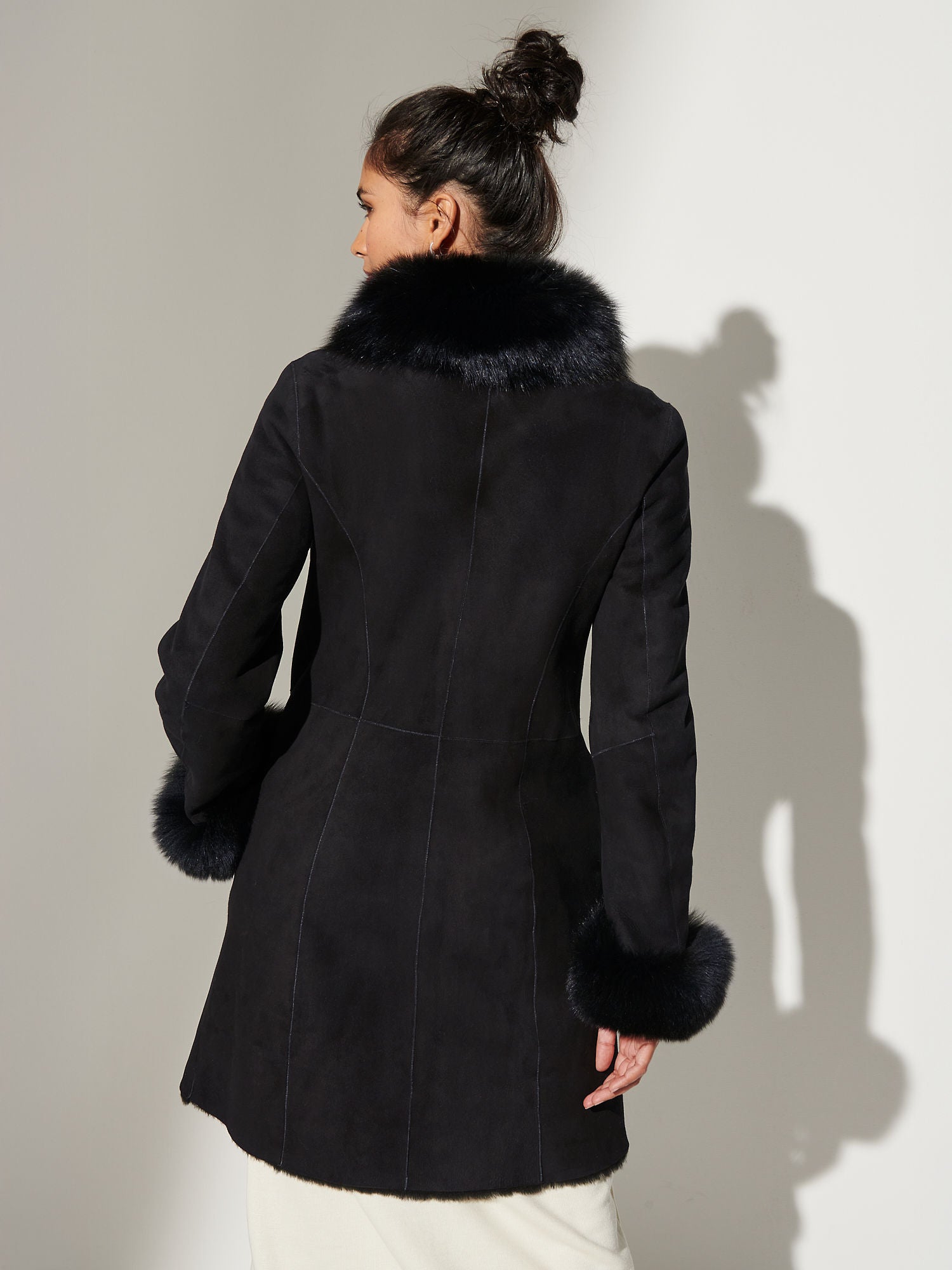 Women's Luxury Reversible Black Shearling Long Coat with Fur Trim | Premium Sheepskin Winter Coat