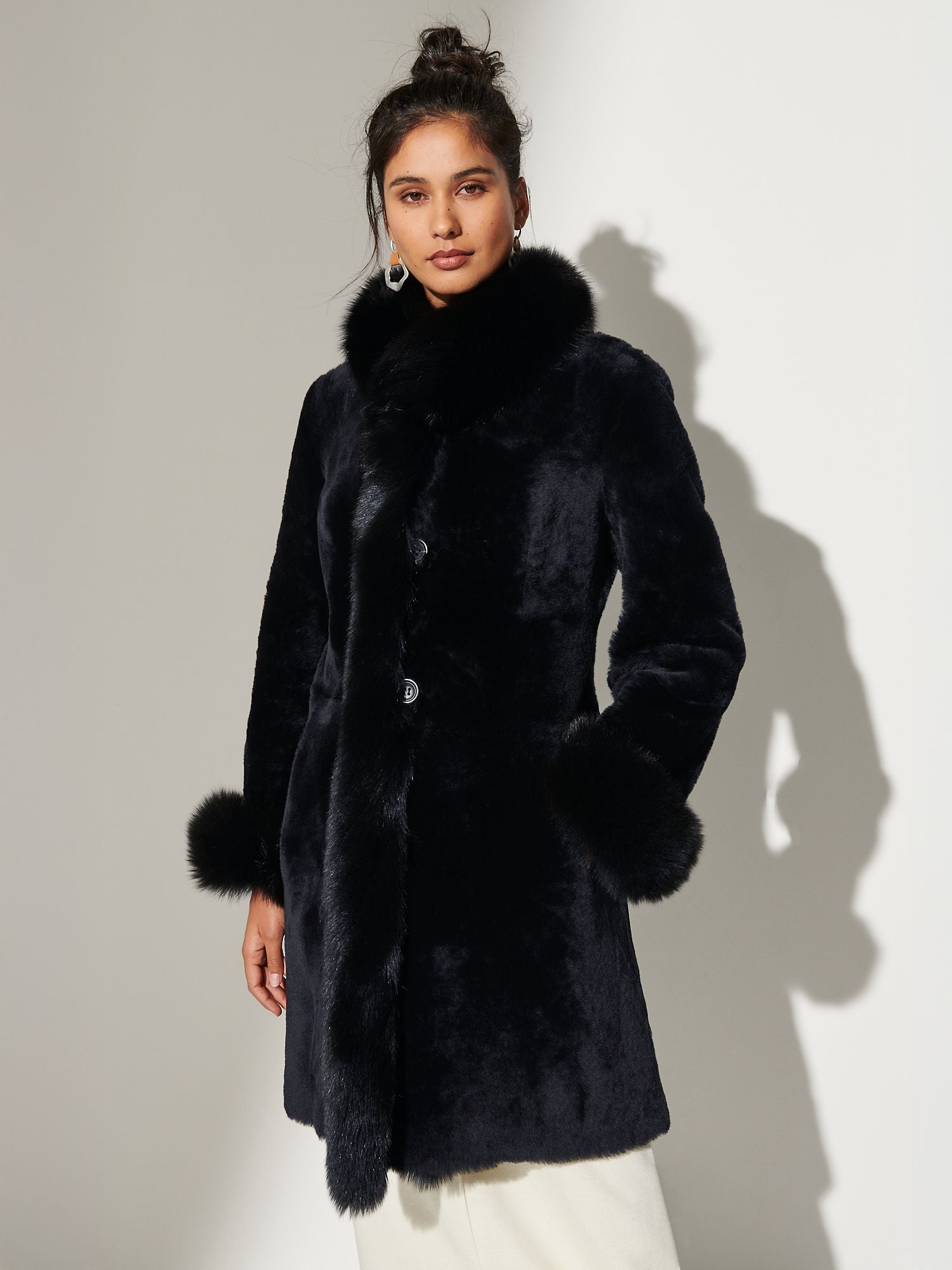 Women's Luxury Reversible Black Shearling Long Coat with Fur Trim | Premium Sheepskin Winter Coat