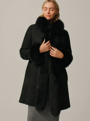 Women's Luxury Reversible Black Shearling Long Coat with Fur Trim | Premium Sheepskin Winter Coat
