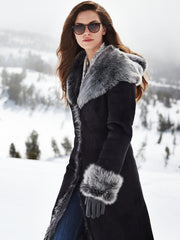 Women's Black Shearling Long Coat with Grey Fur Hood | Premium Sheepskin Winter Coat | Luxury Hooded Leather Shearling Coat