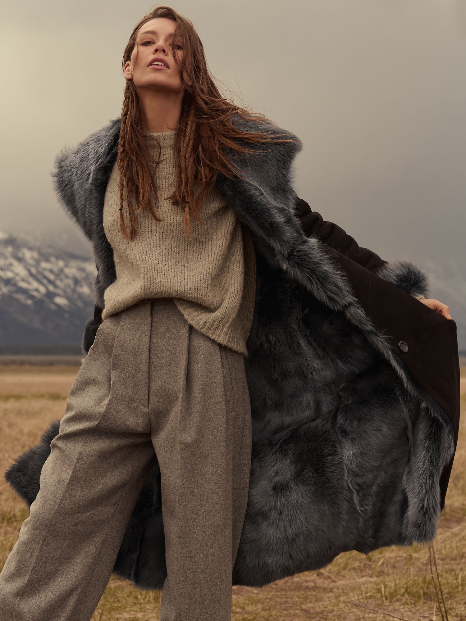 Women's Black Shearling Long Coat with Grey Fur Hood | Premium Sheepskin Winter Coat | Luxury Hooded Leather Shearling Coat