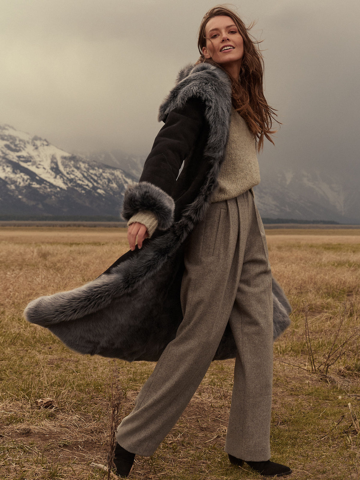 Women's Black Shearling Long Coat with Grey Fur Hood | Premium Sheepskin Winter Coat | Luxury Hooded Leather Shearling Coat