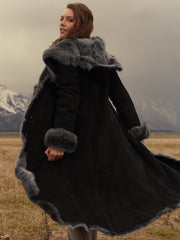 Women's Black Shearling Long Coat with Grey Fur Hood | Premium Sheepskin Winter Coat | Luxury Hooded Leather Shearling Coat