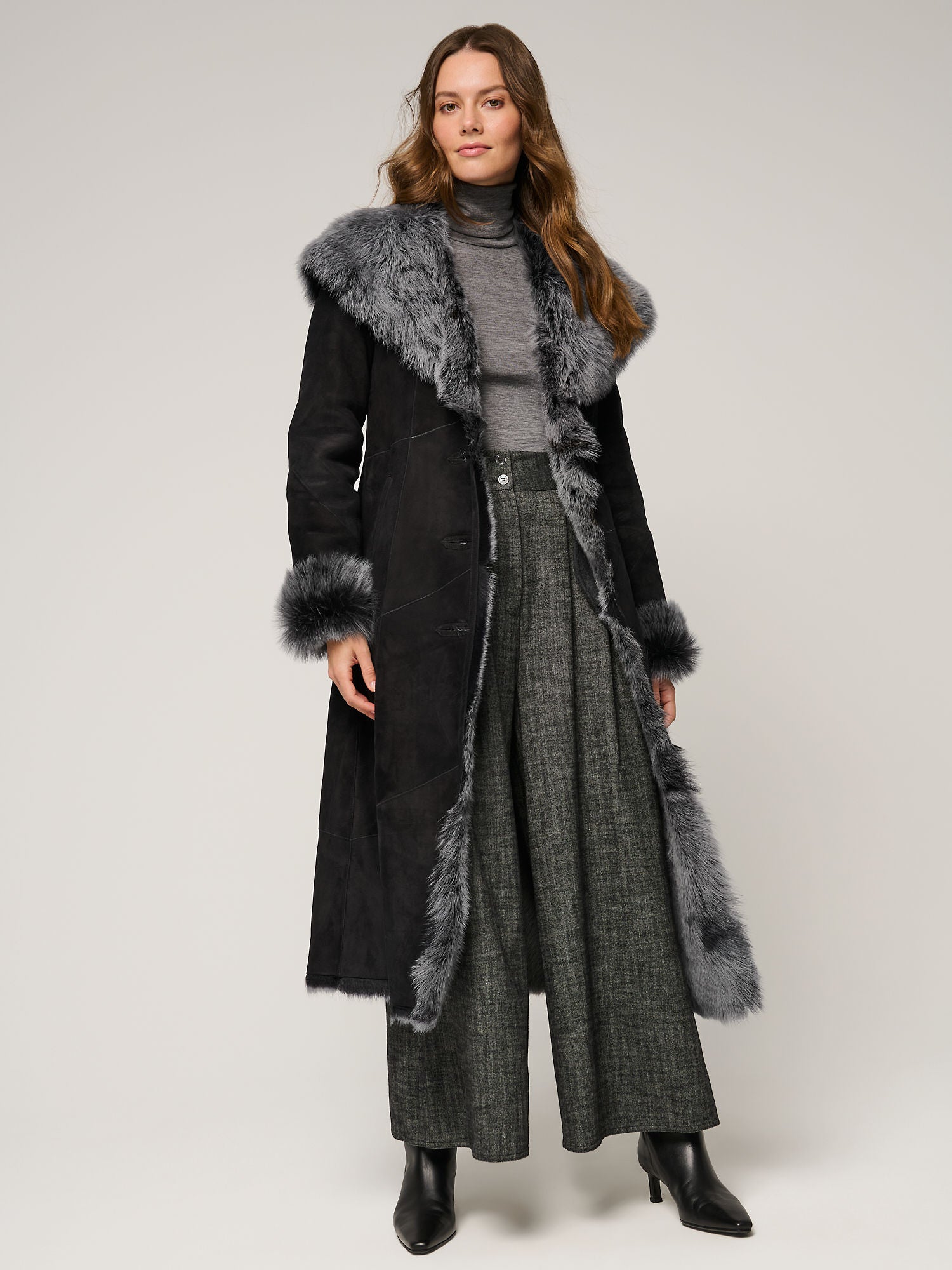 Women's Black Shearling Long Coat with Grey Fur Hood | Premium Sheepskin Winter Coat | Luxury Hooded Leather Shearling Coat