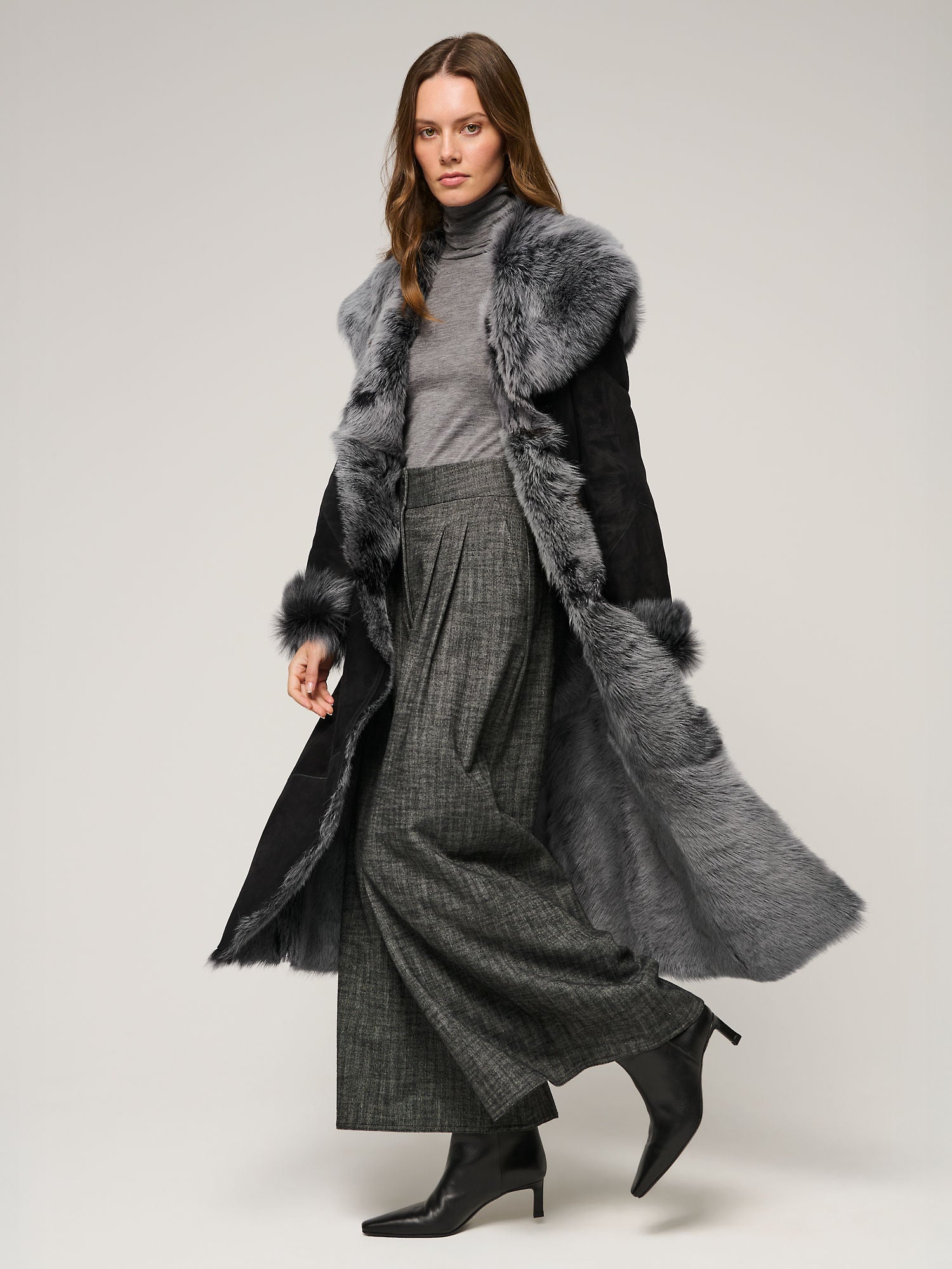 Women's Black Shearling Long Coat with Grey Fur Hood | Premium Sheepskin Winter Coat | Luxury Hooded Leather Shearling Coat