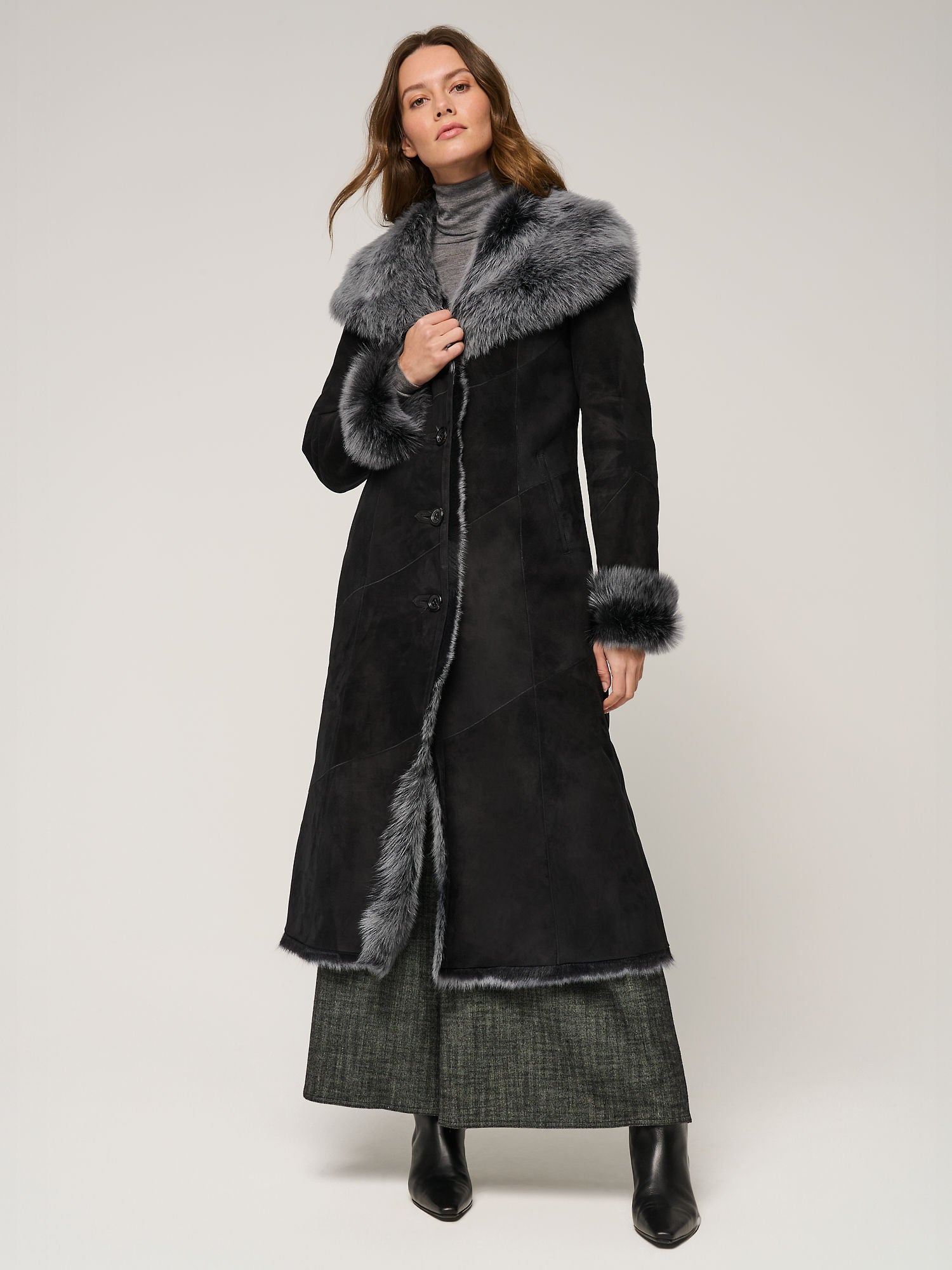 Women's Black Shearling Long Coat with Grey Fur Hood | Premium Sheepskin Winter Coat | Luxury Hooded Leather Shearling Coat