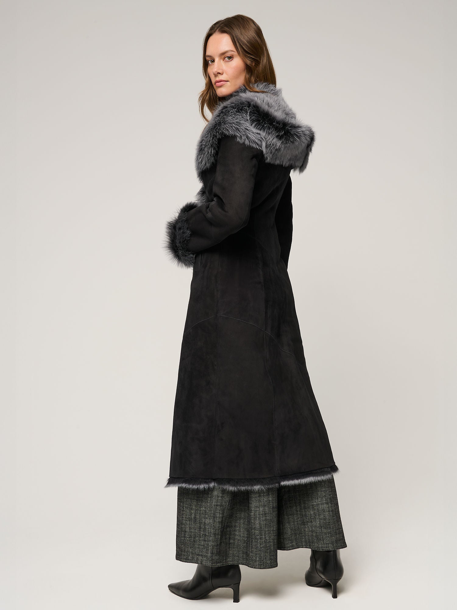 Women's Black Shearling Long Coat with Grey Fur Hood | Premium Sheepskin Winter Coat | Luxury Hooded Leather Shearling Coat