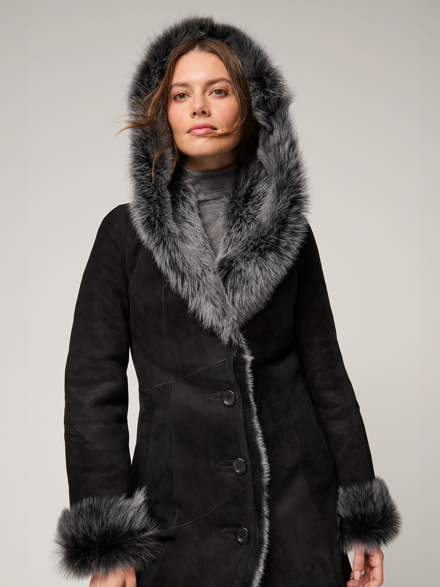 Women's Black Shearling Long Coat with Grey Fur Hood | Premium Sheepskin Winter Coat | Luxury Hooded Leather Shearling Coat