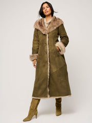 Women’s Olive Green Shearling Coat with Fur Hood – Long Suede Winter Coat