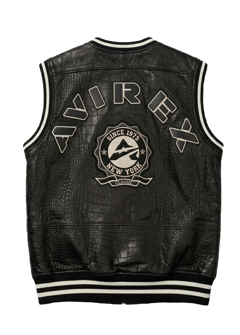 Men's Avirex Black Crocodile Leather Vest – Embossed Sleeveless Biker & Streetwear Vest