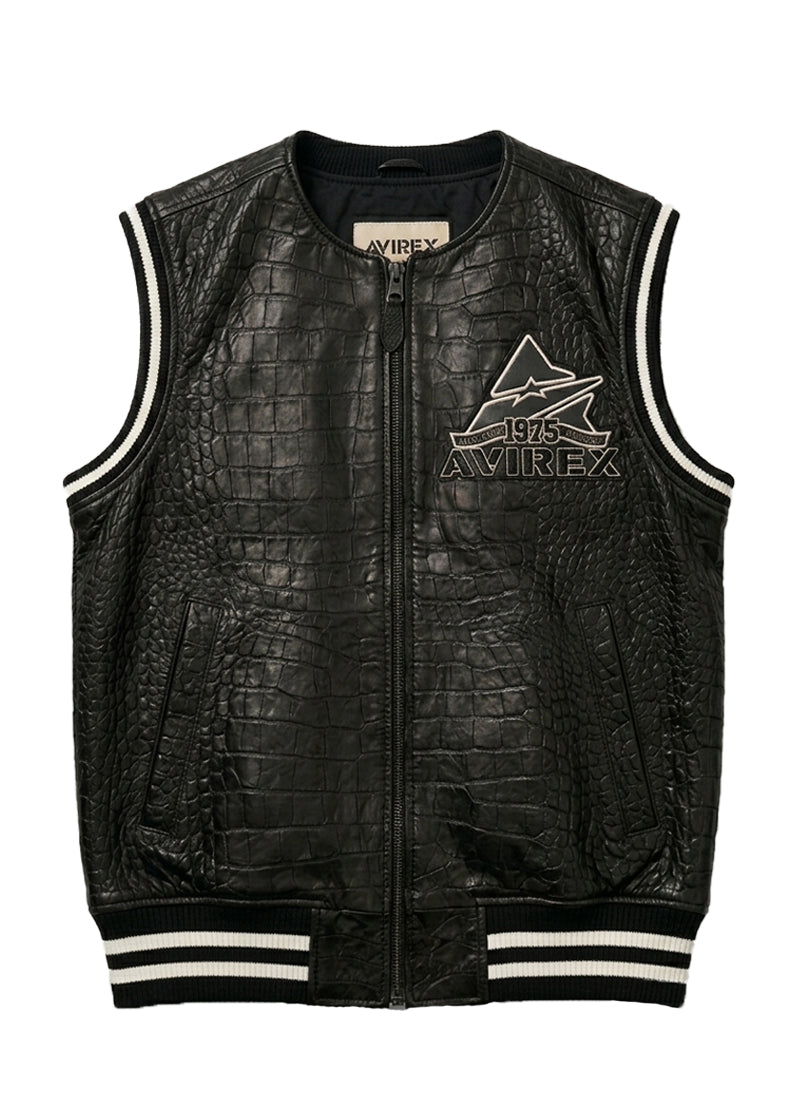 Men's Avirex Black Crocodile Leather Vest – Embossed Sleeveless Biker & Streetwear Vest