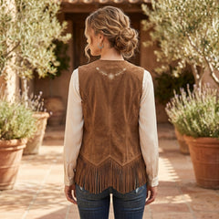 Women's Vintage Western Fringe Embroidered Leather Vest – Brown Cowboy Suede Waistcoat