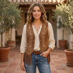 Women's Vintage Western Fringe Embroidered Leather Vest – Brown Cowboy Suede Waistcoat