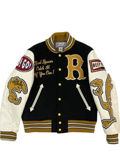 Men’s Road Runner California Black & White Varsity Jacket – Wool Body Leather Sleeves