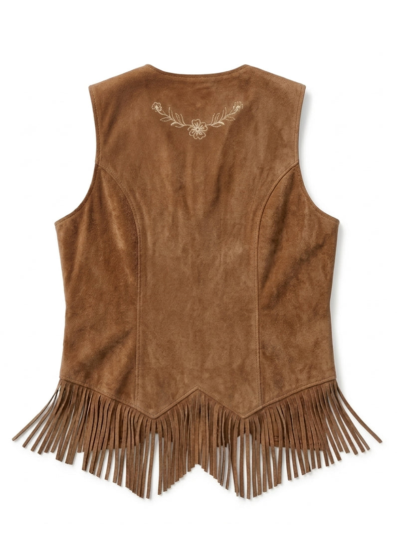 Women's Vintage Western Fringe Embroidered Leather Vest – Brown Cowboy Suede Waistcoat