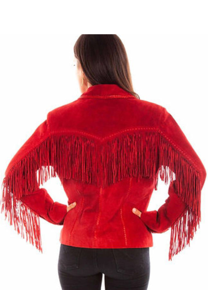 Women's Ruby Red Suede Fringe Western Jacket – Genuine Leather Cowboy Style Tassel Jacket