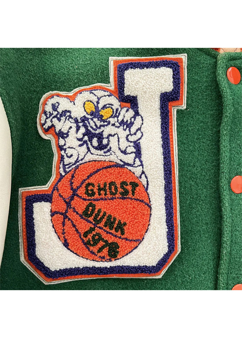 Men's Green & White Ghost Dunk Varsity Jacket | Premium Wool & Leather Baseball Letterman Jacket | The Western Jacket