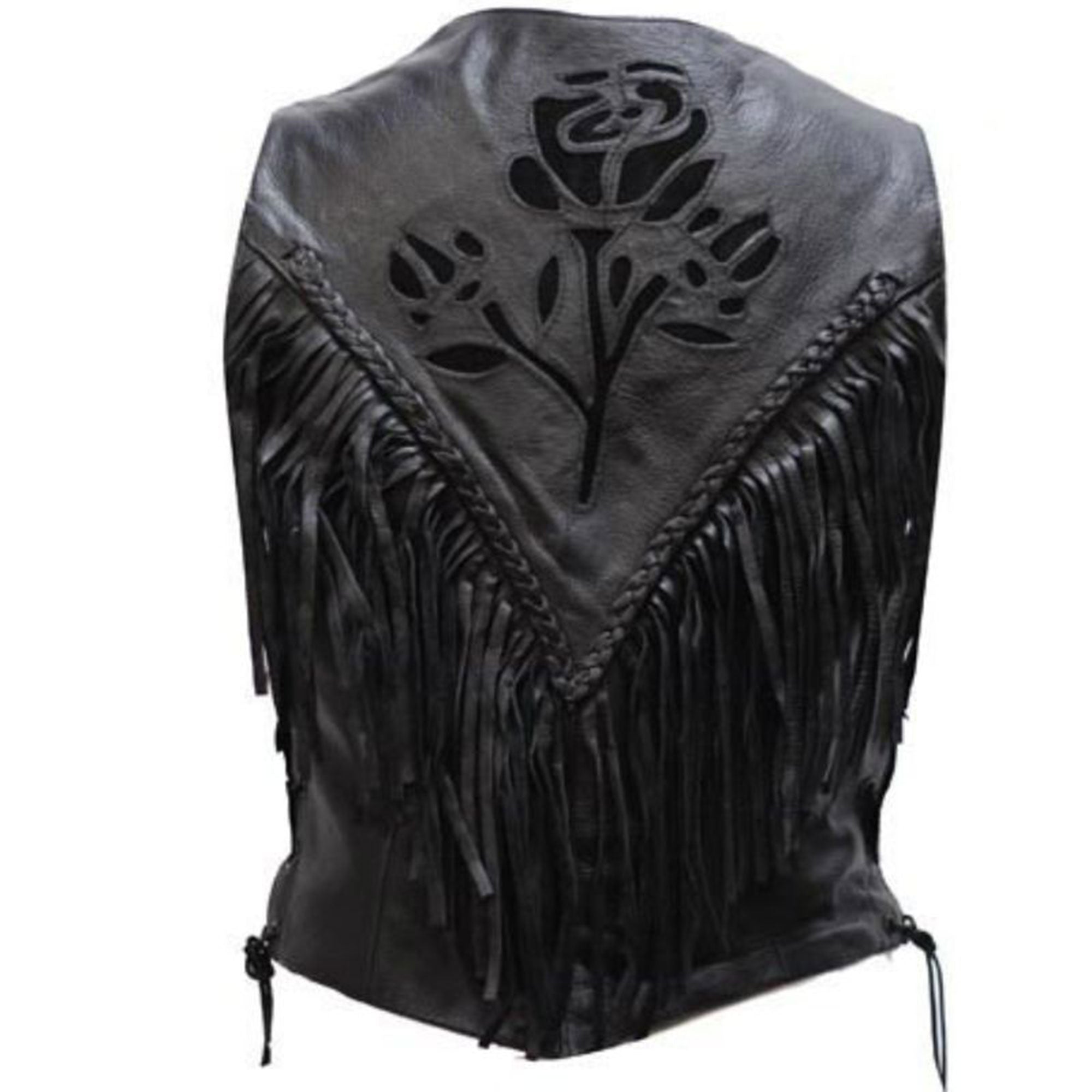 Black Leather Fringe Vest with Rose Cut Design – Western Style Biker Vest | The Western Jacket