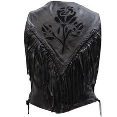 Black Leather Fringe Vest with Rose Cut Design – Western Style Biker Vest | The Western Jacket