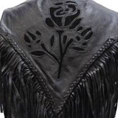 Black Leather Fringe Vest with Rose Cut Design – Western Style Biker Vest | The Western Jacket