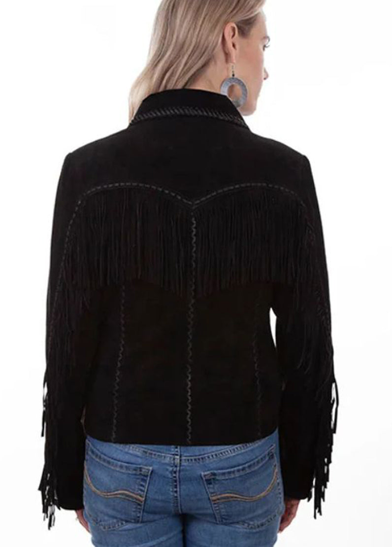 Women's Black Suede Leather Fringe Western Jacket | Cowgirl Button Front Fashion Jacket