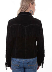 Women's Black Suede Leather Fringe Western Jacket | Cowgirl Button Front Fashion Jacket