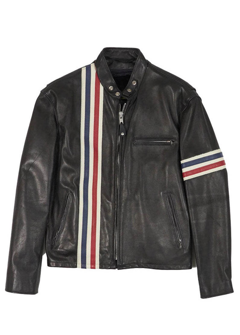 Men’s Black Genuine Leather Racer Jacket with Red and White Stripes – The Western Jacket