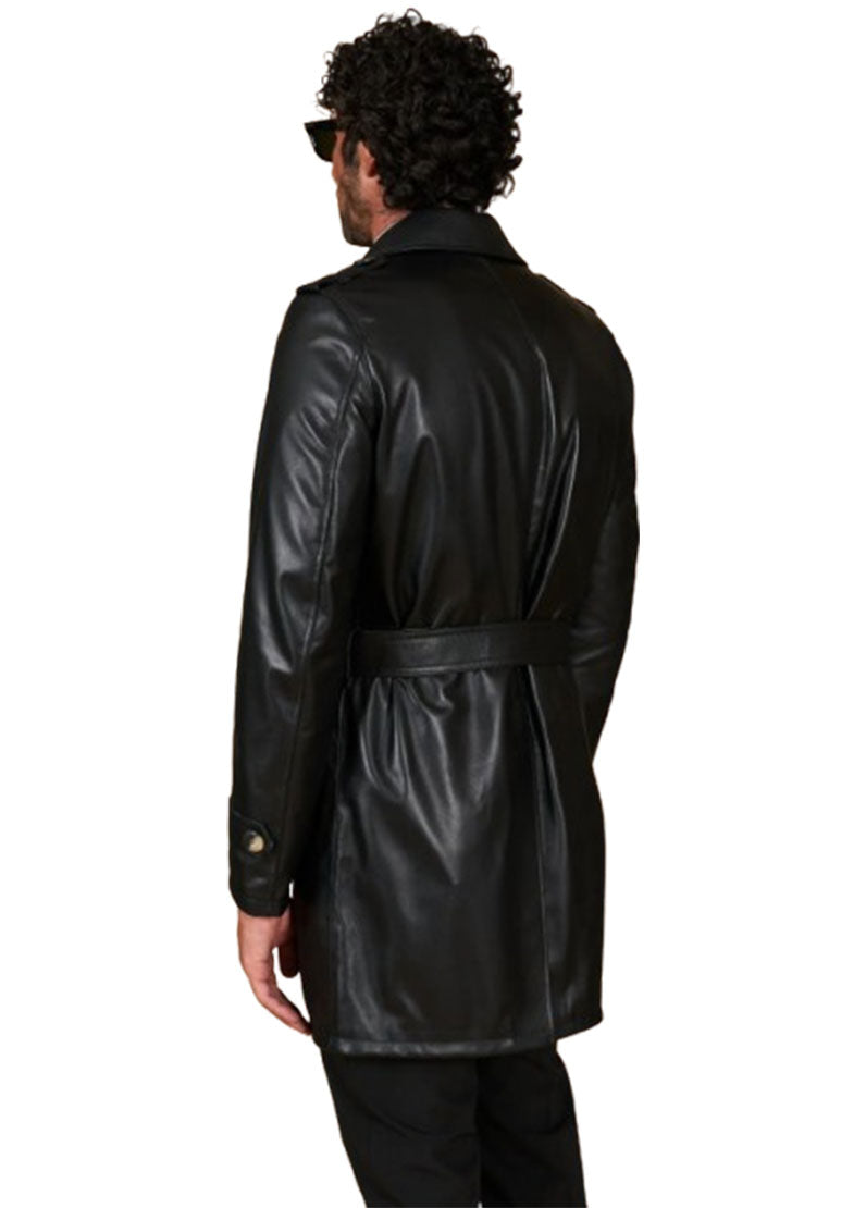 Men’s Real Leather Long Trench Coat – Classic Black Double-Breasted Overcoat | The Western Jacket