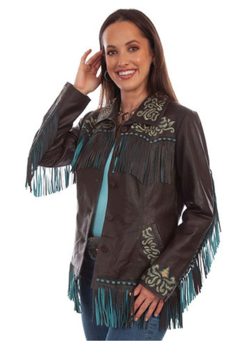Women's Western Fringe Leather Jacket – Brown Embroidered Cowboy Jacket with Turquoise Fringe | Premium Western Style by The Western Jacket