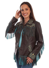 Women's Western Fringe Leather Jacket – Brown Embroidered Cowboy Jacket with Turquoise Fringe | Premium Western Style by The Western Jacket