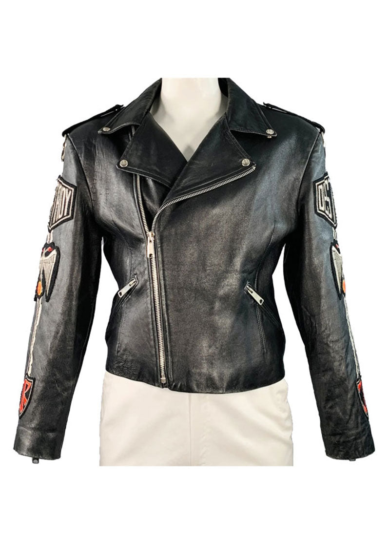 Men’s Black Classic Biker Leather Jacket with Embroidered Patches – Genuine Leather by The Western Jacket