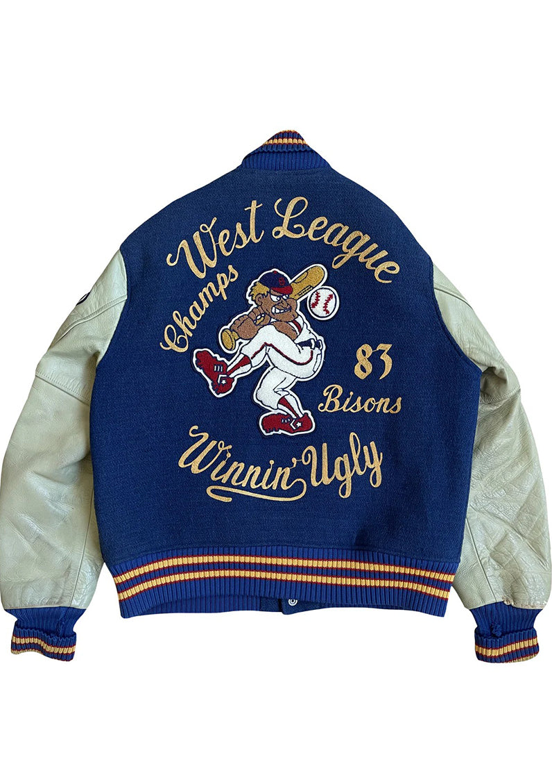 1983 Michigan Bisons Championship Blue & White Wool Leather Varsity Jacket for Men
