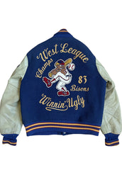 1983 Michigan Bisons Championship Blue & White Wool Leather Varsity Jacket for Men