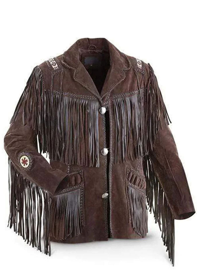 Men’s Western Fringe Leather Jacket Brown Cowboy Suede Tassel Jacket Vintage Ranch Wear Native Inspired Leather Coat