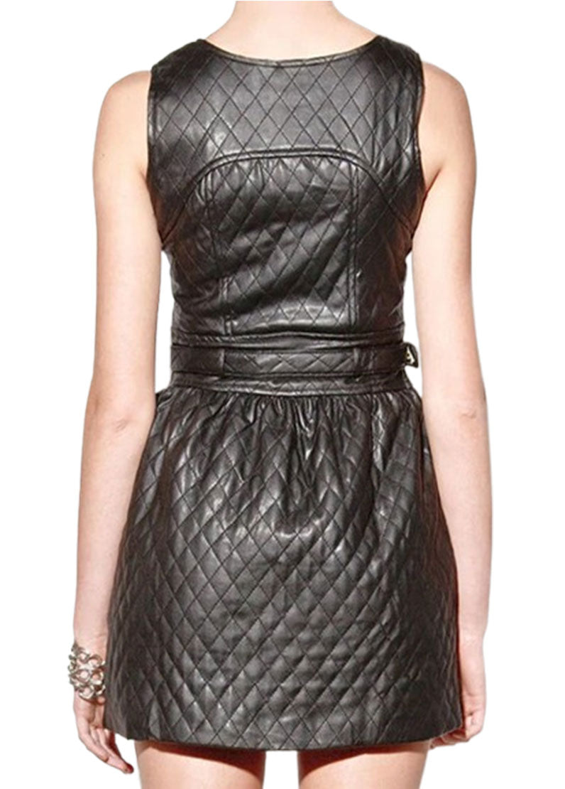 Women's Quilted Black Genuine Leather Short Dress | The Western Jacket