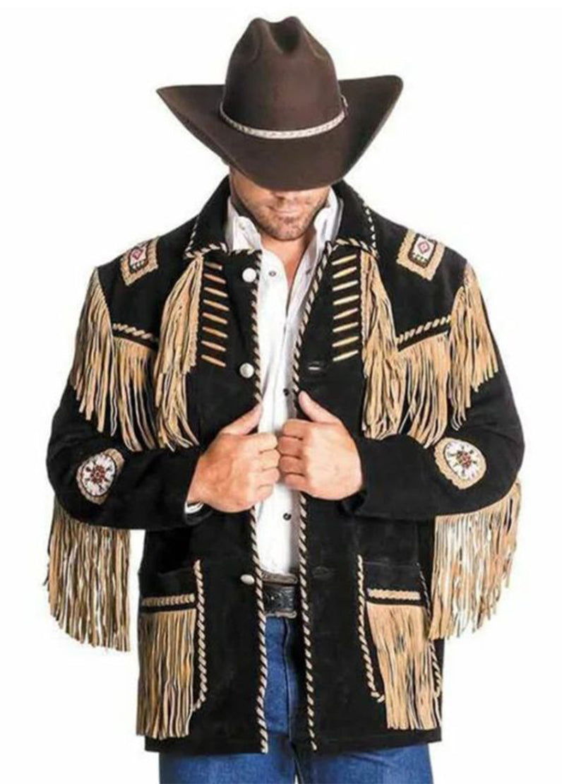 Men's Black Western Fringe Suede Jacket with Native Embroidered Details | Cowboy Style Jacket