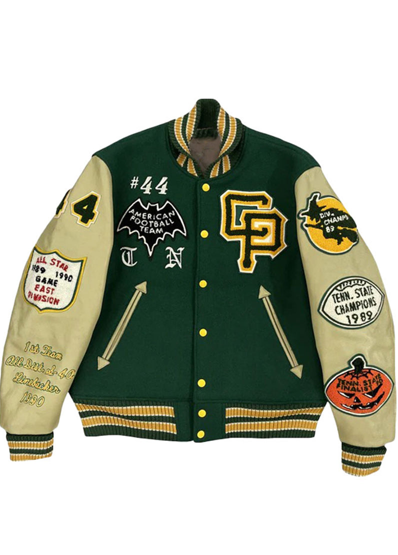 Cleveland Pumpkins Green Varsity Jacket – Premium Wool & Leather Letterman Jacket | Vintage Football Patch Bomber | The Western Jacket