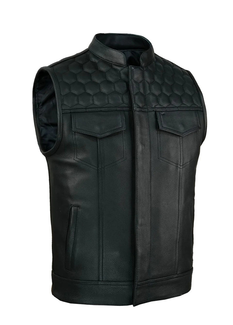 Men’s Black Leather Biker Vest with Hexagon Quilted Shoulder Design