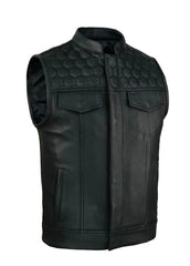 Men’s Black Leather Biker Vest with Hexagon Quilted Shoulder Design
