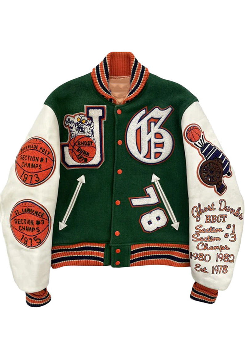 Men's Green & White Ghost Dunk Varsity Jacket | Premium Wool & Leather Baseball Letterman Jacket | The Western Jacket